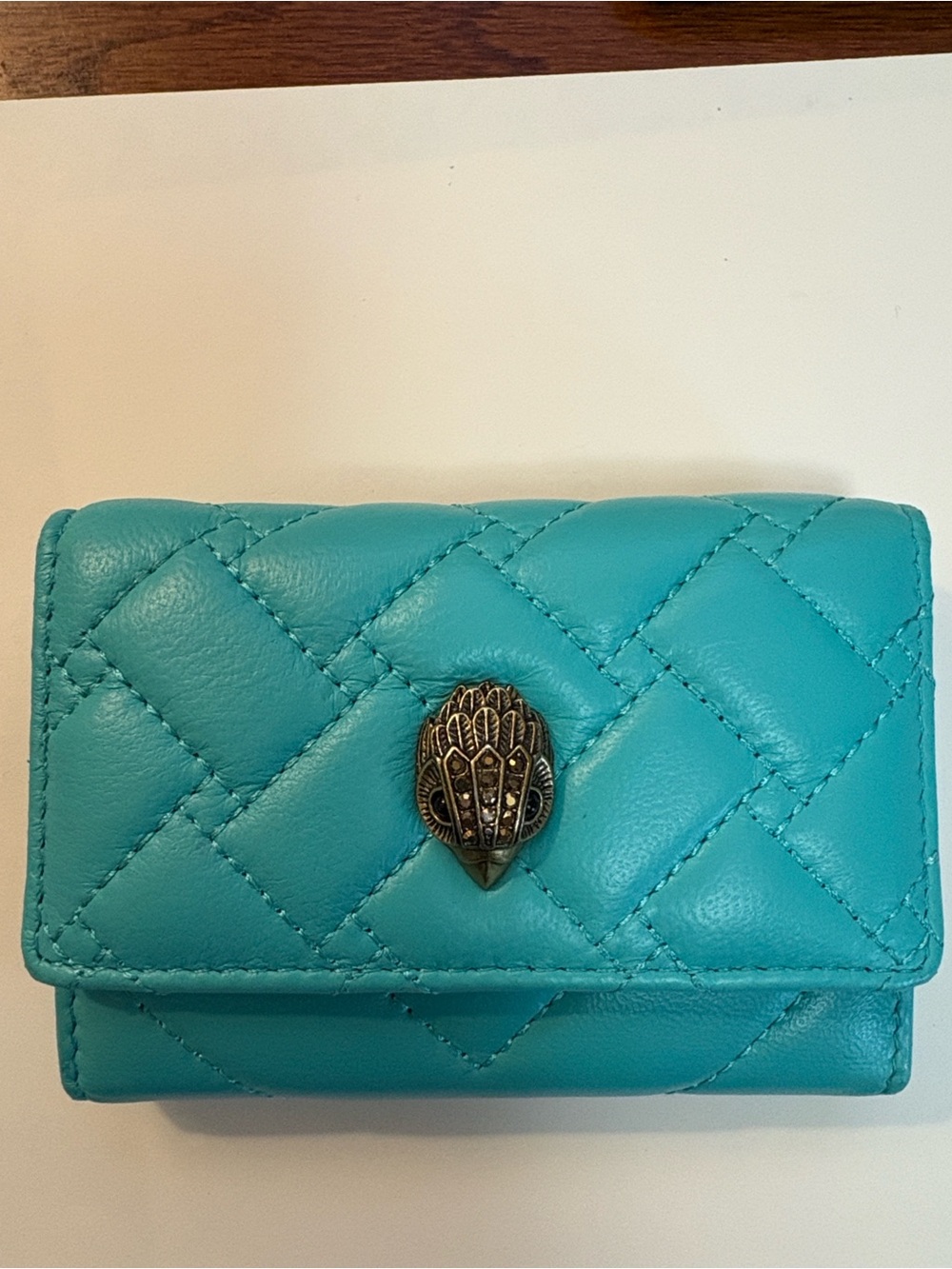 Kurt Geiger Quilted Turquoise Leather Wallet with Metal Beetle Detail